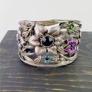 Cuff Bracelet, Adjustable Glazed Pewter with Black Stones & Enamel 🌺